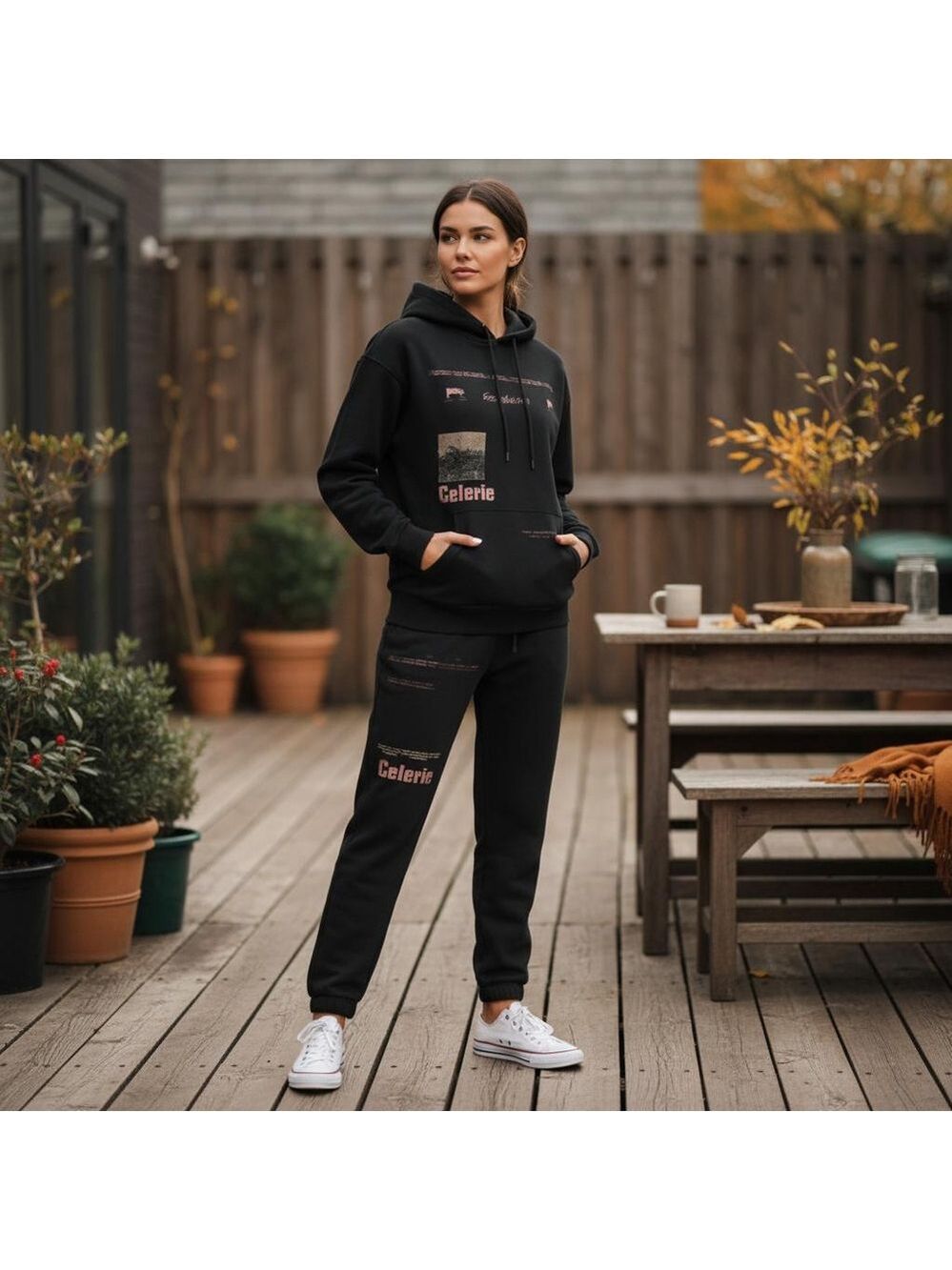COLLUSION Unisex Lounge cotton set pants & sweat shirt hoodie black with graphic